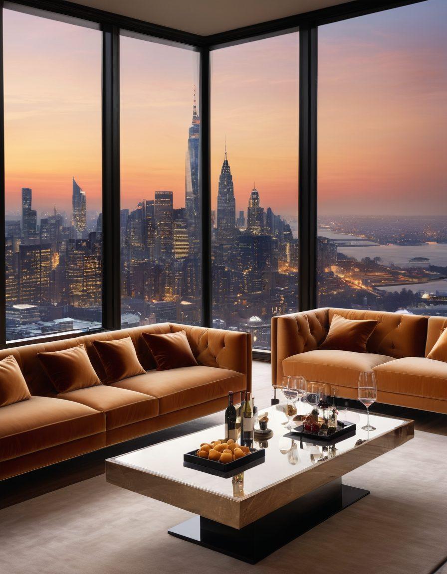 A lavish apartment interior featuring elegant furnishings, with plush sofas and a stunning view of the city skyline through floor-to-ceiling windows. On a stylish coffee table, an exquisite bottle of wine and two glasses, illuminated by soft ambient lighting. Incorporate elements of sophistication like rich textures and warm tones. upscale, luxurious, vibrant colors. super-realistic.