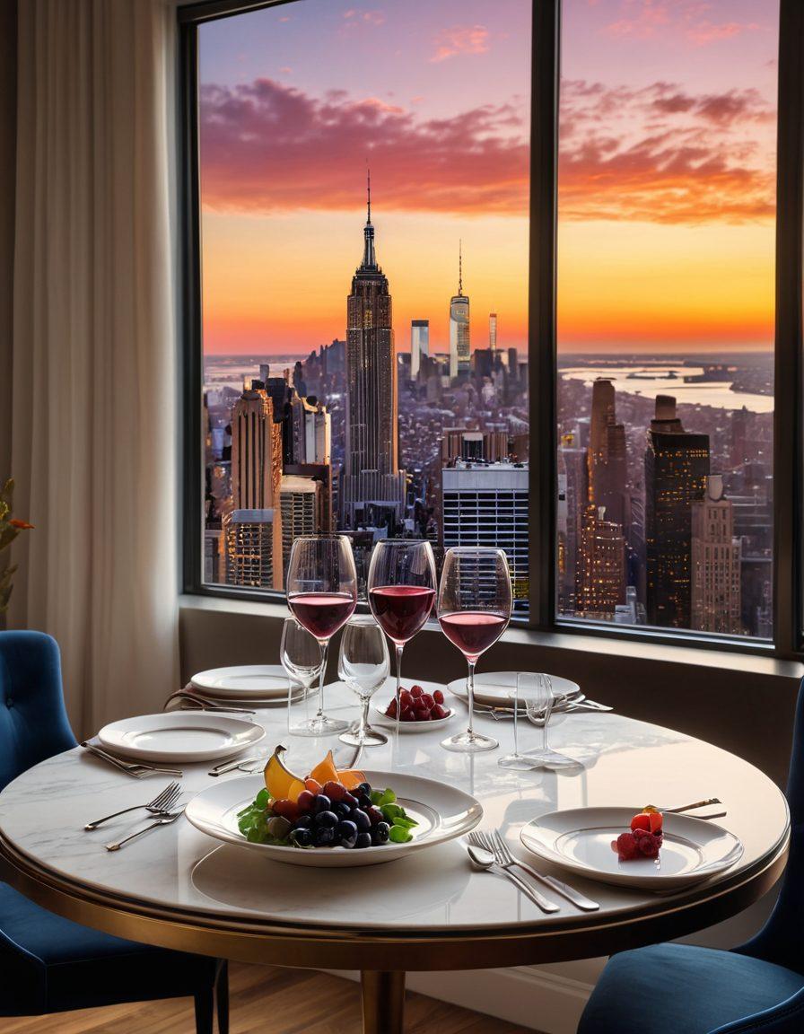 A sophisticated scene featuring a stylishly set dining table with elegant wine glasses and a variety of gourmet dishes, overlooking a stunning New York City skyline at sunset. Luxurious apartment details should be visible in the background, showcasing modern decor and large windows. The ambiance should evoke a sense of luxury and indulgence, highlighting the art of wine pairing. super-realistic. vibrant colors. 3D.