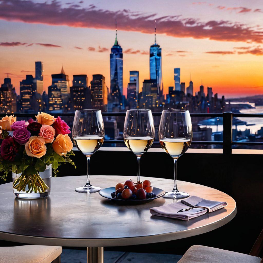 A luxurious wine tasting setup featuring an elegantly arranged table with diverse wine bottles and crystal glasses, set against the iconic skyline of New York City at sunset. The scene is enhanced with plush seating and vibrant flowers, conveying a sense of indulgence and adventure. Captivating city lights twinkle in the background, inviting viewers to explore the lavish experience. super-realistic. vibrant colors. evening setting.
